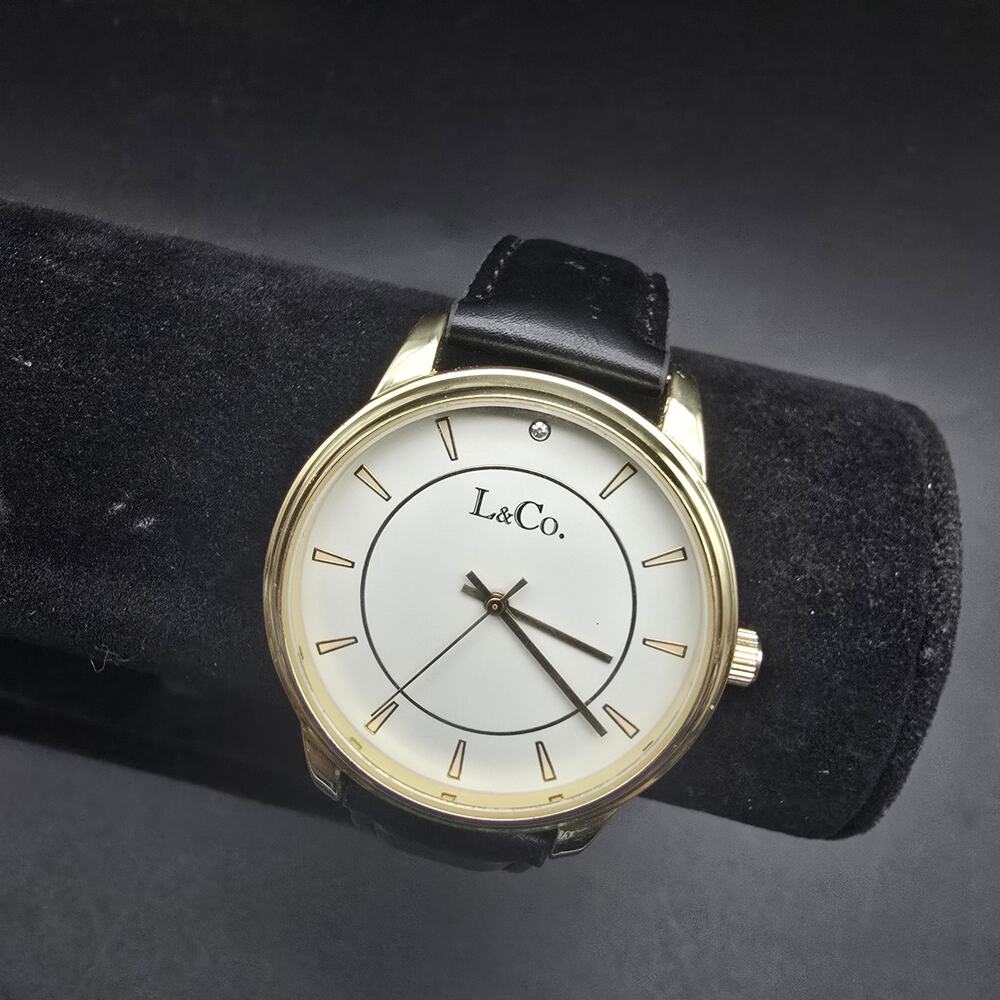 L & Co Black Quartz Wrist Watch White Gold Tone Face WORKS Workings